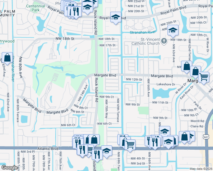 map of restaurants, bars, coffee shops, grocery stores, and more near 7000 Northwest 11th Court in Margate