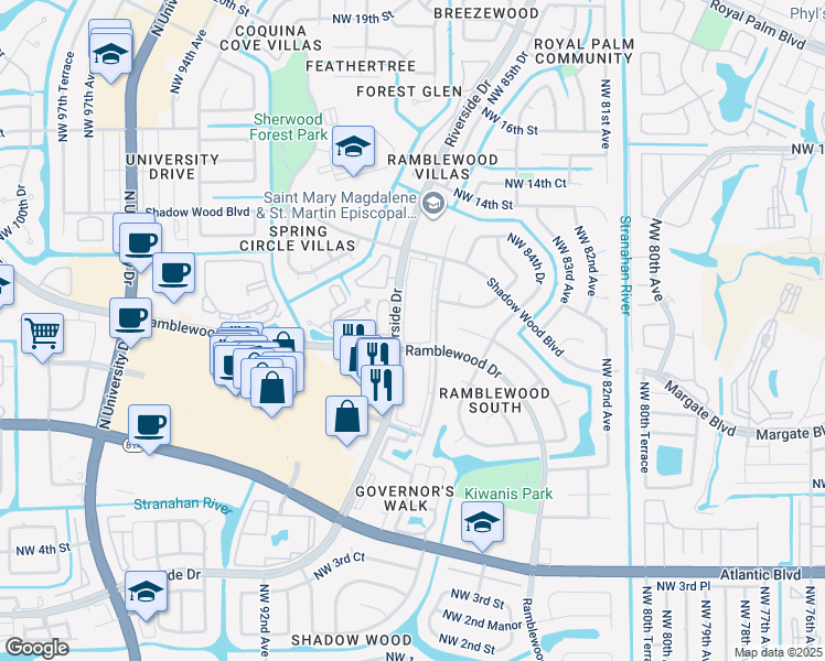 map of restaurants, bars, coffee shops, grocery stores, and more near 1075 Riverside Drive in Coral Springs