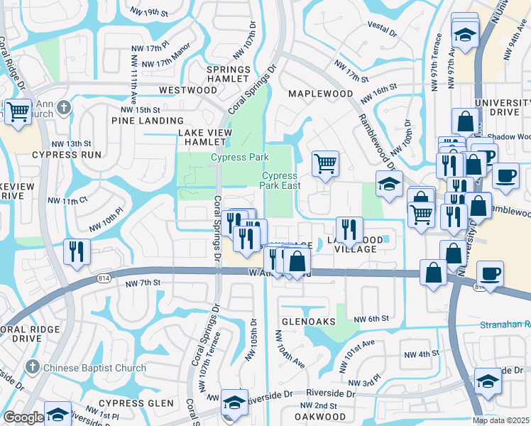 map of restaurants, bars, coffee shops, grocery stores, and more near 1054 Coral Club Drive in Coral Springs