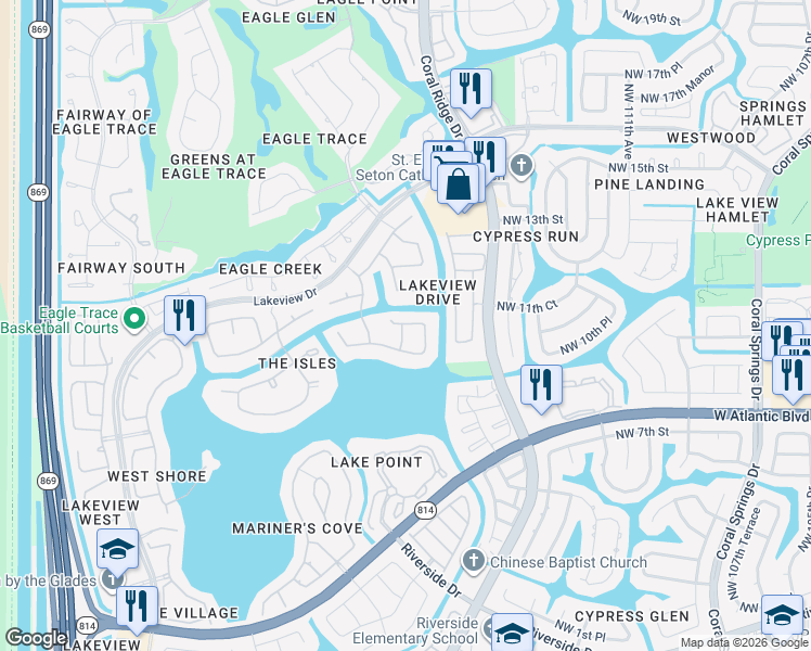 map of restaurants, bars, coffee shops, grocery stores, and more near 11839 Northwest 10th Place in Coral Springs