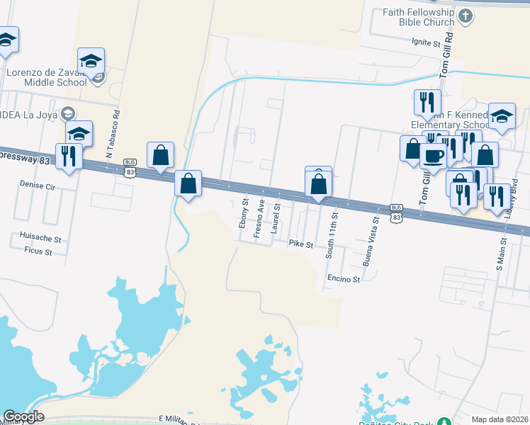 map of restaurants, bars, coffee shops, grocery stores, and more near 105 Fresno Street in La Joya