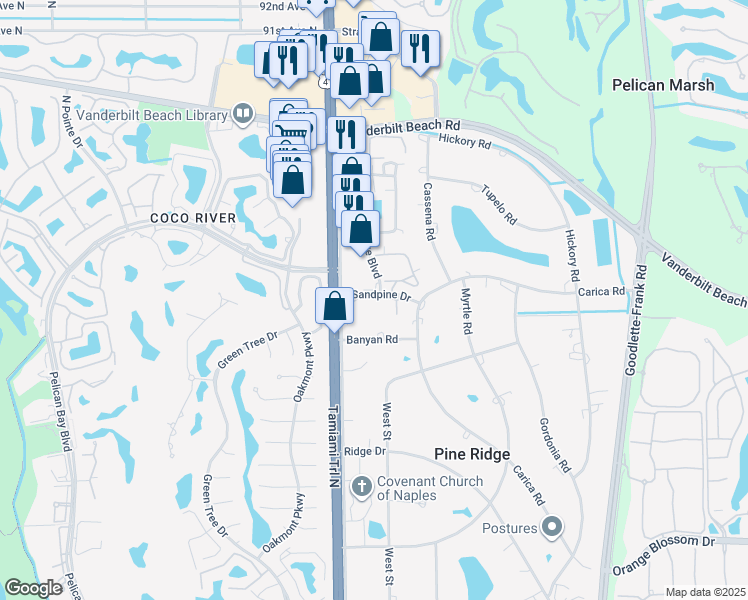 map of restaurants, bars, coffee shops, grocery stores, and more near 300 Sandpine Drive in Naples