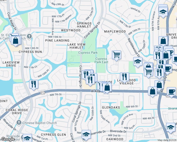 map of restaurants, bars, coffee shops, grocery stores, and more near 1083 Coral Club Drive in Coral Springs
