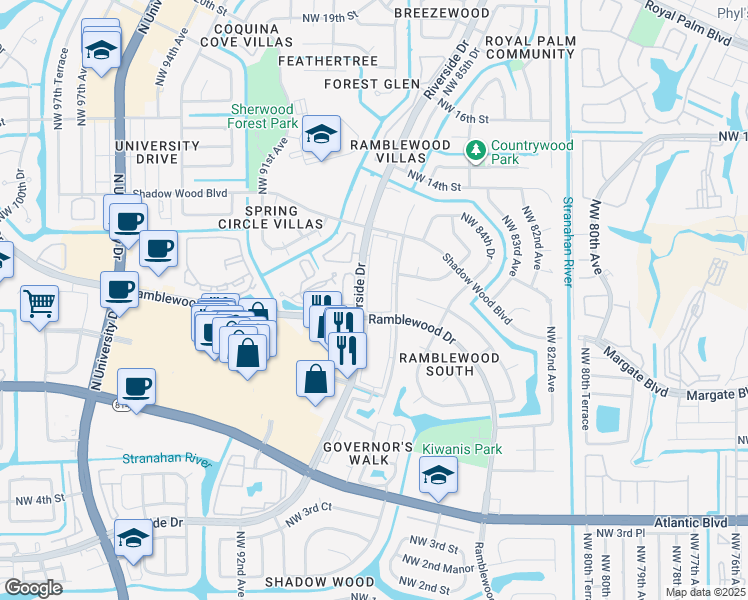 map of restaurants, bars, coffee shops, grocery stores, and more near 1075 Riverside Drive in Coral Springs