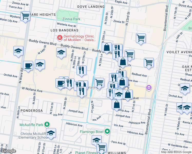 map of restaurants, bars, coffee shops, grocery stores, and more near 4113 North 25th Lane in McAllen
