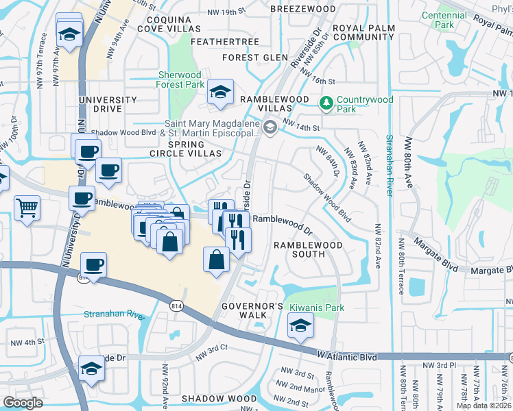 map of restaurants, bars, coffee shops, grocery stores, and more near 1075 Riverside Drive in Coral Springs