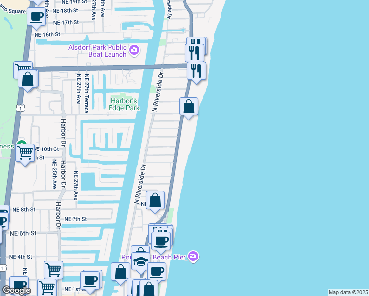 map of restaurants, bars, coffee shops, grocery stores, and more near 730 North Ocean Boulevard in Pompano Beach
