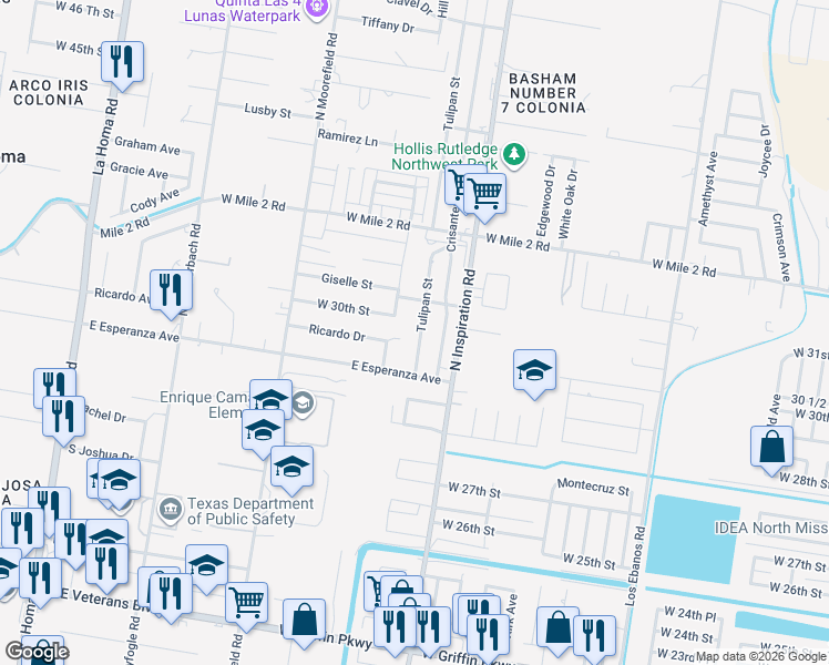 map of restaurants, bars, coffee shops, grocery stores, and more near 2917 Tulipan Street in Mission