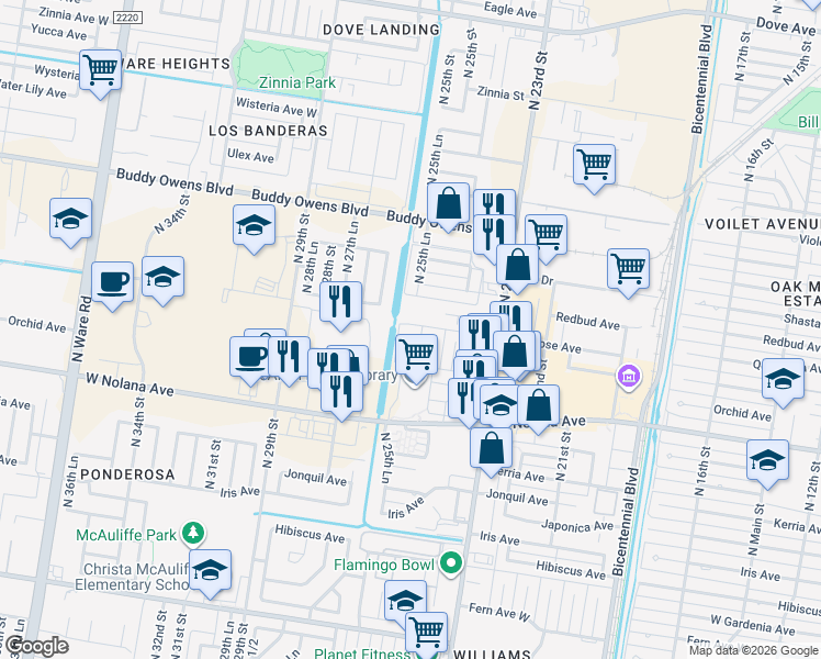 map of restaurants, bars, coffee shops, grocery stores, and more near 4113 North 25th Lane in McAllen
