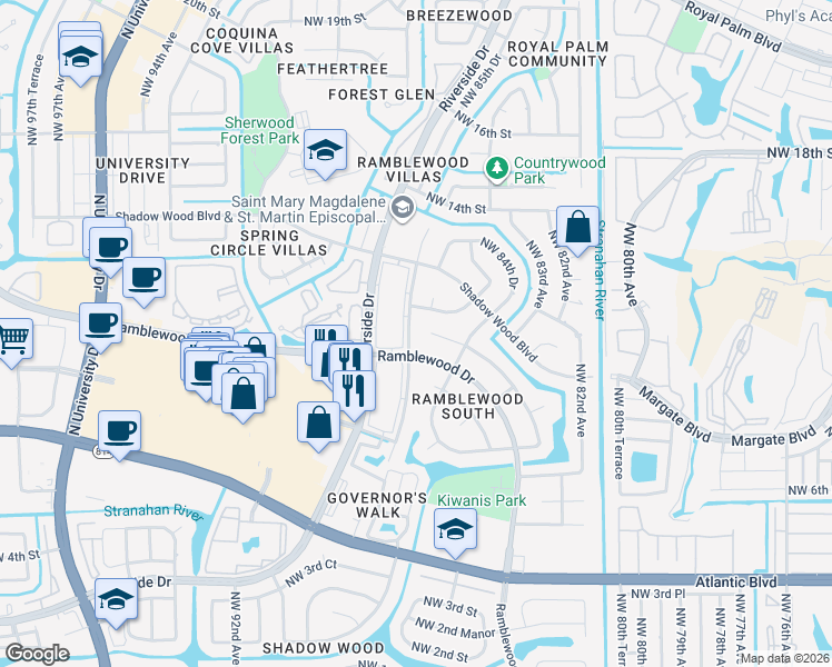 map of restaurants, bars, coffee shops, grocery stores, and more near 1067 Northwest 87th Avenue in Coral Springs