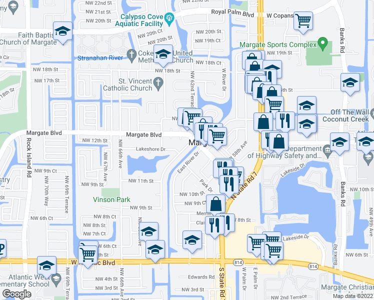 map of restaurants, bars, coffee shops, grocery stores, and more near 1324 West River Drive in Margate