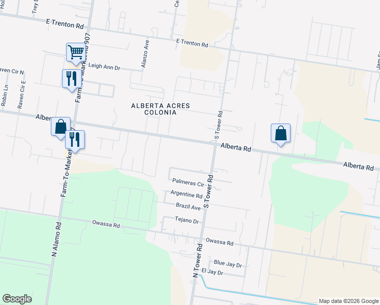map of restaurants, bars, coffee shops, grocery stores, and more near 5104 Tower Road in Edinburg