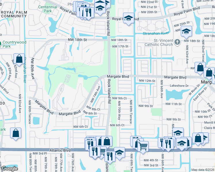 map of restaurants, bars, coffee shops, grocery stores, and more near 1145 North Rock Island Road in Margate