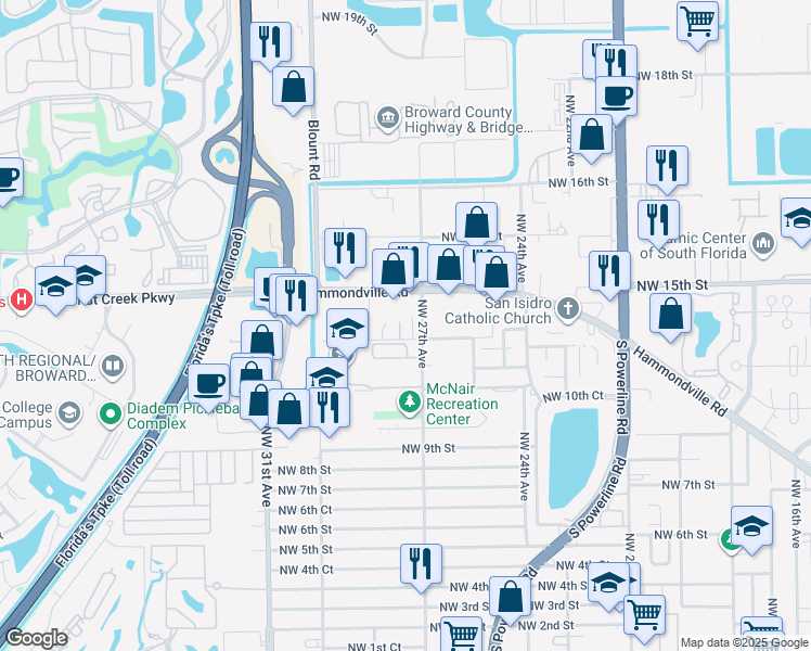 map of restaurants, bars, coffee shops, grocery stores, and more near 2737 Northwest 13th Street in Pompano Beach
