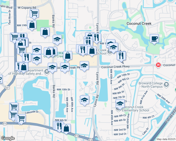 map of restaurants, bars, coffee shops, grocery stores, and more near 4828 Coconut Creek Parkway in Coconut Creek