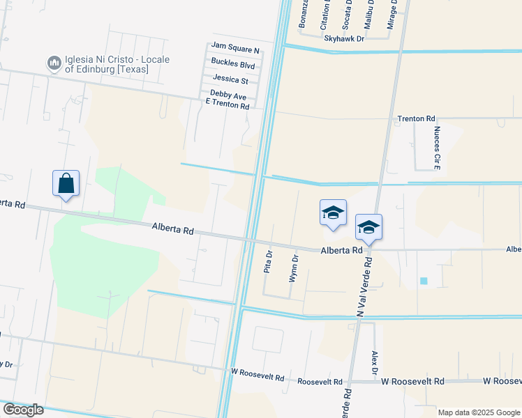 map of restaurants, bars, coffee shops, grocery stores, and more near 8405 East Alberta Road in Donna