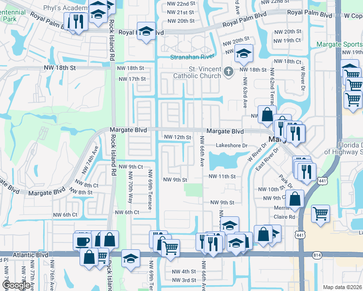 map of restaurants, bars, coffee shops, grocery stores, and more near 6750 Northwest 11th Court in Margate