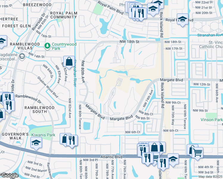 map of restaurants, bars, coffee shops, grocery stores, and more near 1055 Country Club Drive in Margate