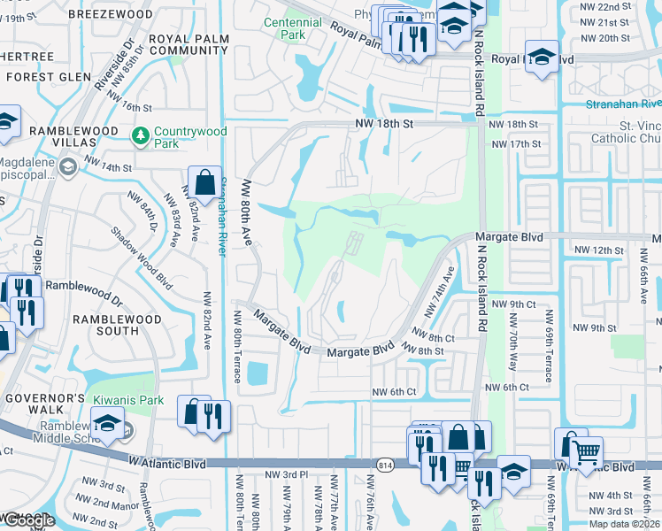 map of restaurants, bars, coffee shops, grocery stores, and more near 1055 Country Club Drive in Margate
