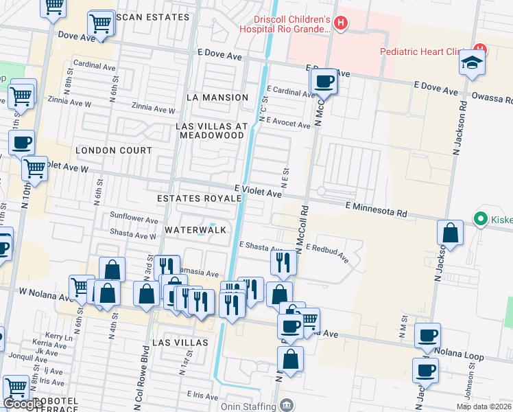 map of restaurants, bars, coffee shops, grocery stores, and more near 408 East Ulex Avenue in McAllen