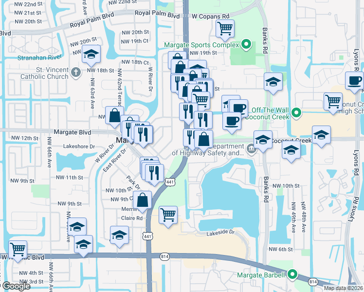 map of restaurants, bars, coffee shops, grocery stores, and more near 1299 North State Road 7 in Margate