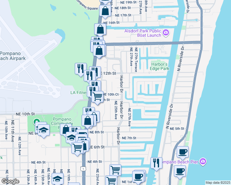map of restaurants, bars, coffee shops, grocery stores, and more near 2521 Northeast 10th Court in Pompano Beach