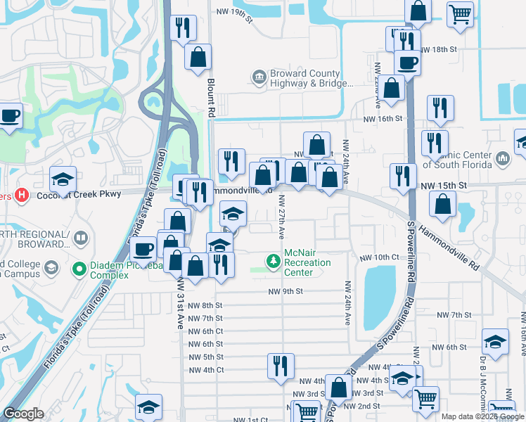 map of restaurants, bars, coffee shops, grocery stores, and more near 2737 Northwest 13th Street in Pompano Beach