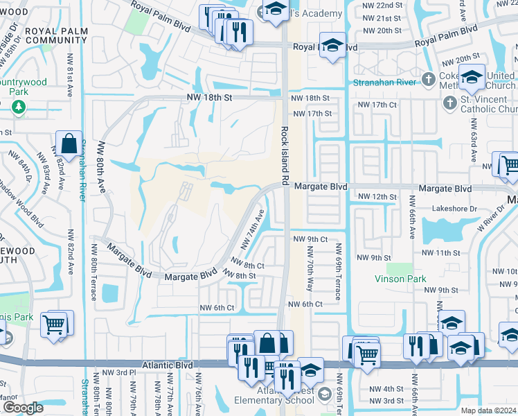 map of restaurants, bars, coffee shops, grocery stores, and more near 1185 Northwest 74th Avenue in Margate