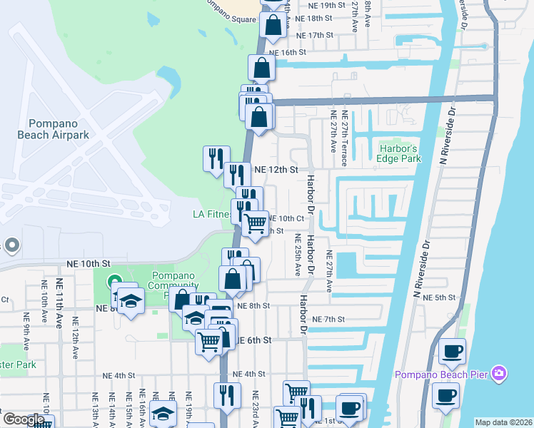 map of restaurants, bars, coffee shops, grocery stores, and more near 1021 Northeast 24th Avenue in Pompano Beach
