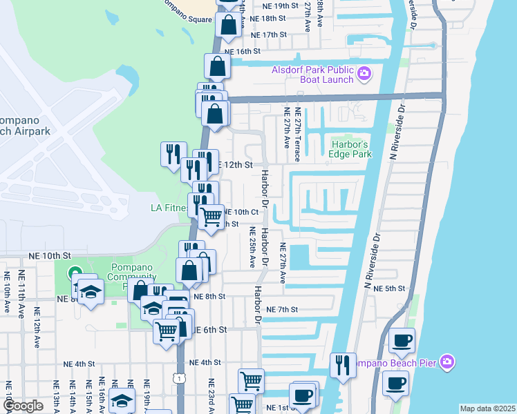 map of restaurants, bars, coffee shops, grocery stores, and more near 2521 Northeast 10th Court in Pompano Beach