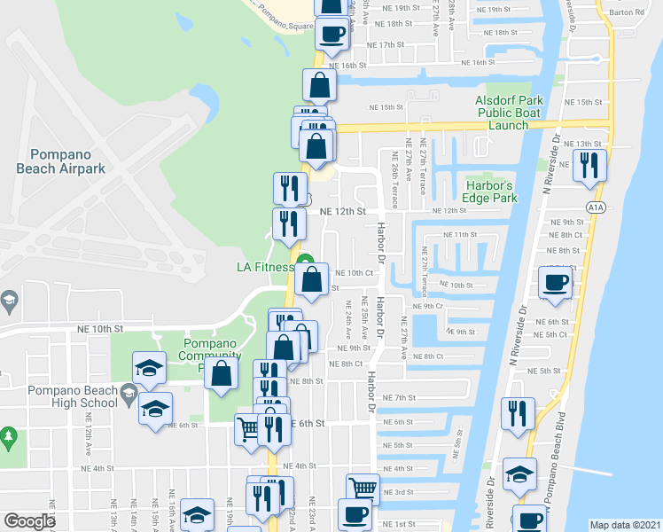 map of restaurants, bars, coffee shops, grocery stores, and more near 1021 Northeast 24th Avenue in Pompano Beach