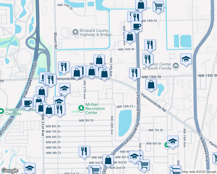 map of restaurants, bars, coffee shops, grocery stores, and more near 2401 Northwest 13th Street in Pompano Beach