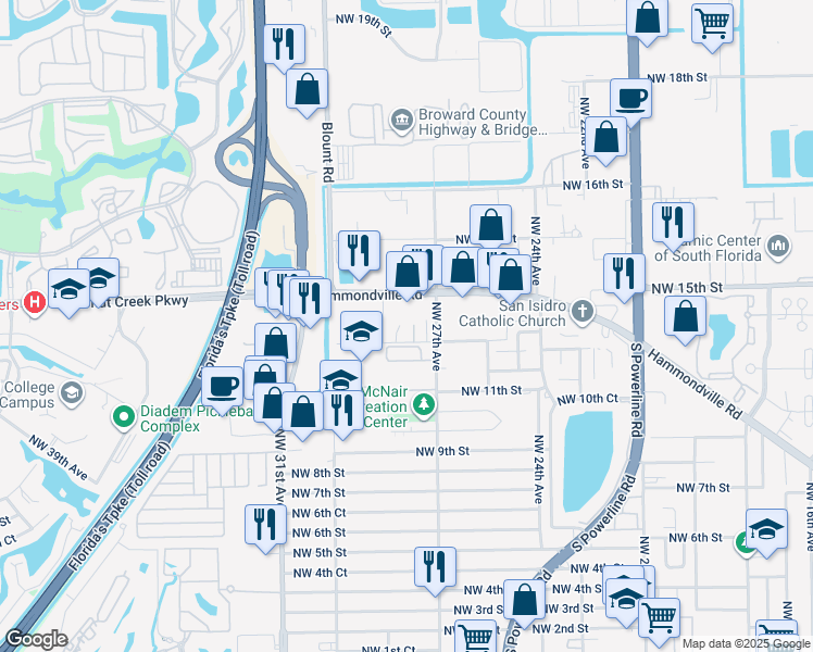 map of restaurants, bars, coffee shops, grocery stores, and more near 2737 Northwest 13th Street in Pompano Beach