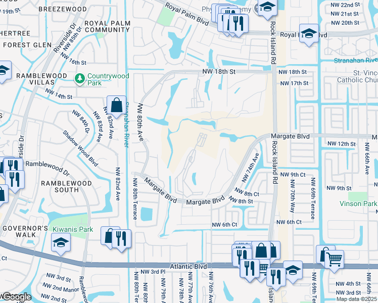 map of restaurants, bars, coffee shops, grocery stores, and more near 1055 Country Club Drive in Margate
