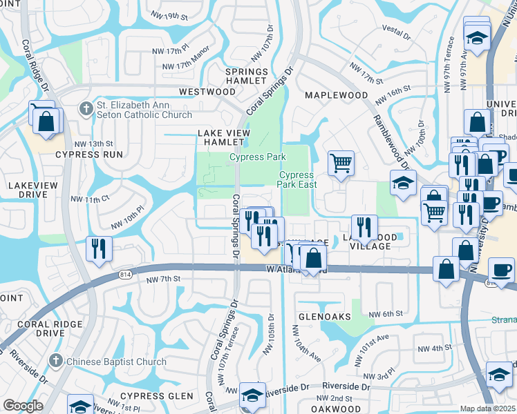map of restaurants, bars, coffee shops, grocery stores, and more near 1083 Coral Club Drive in Coral Springs