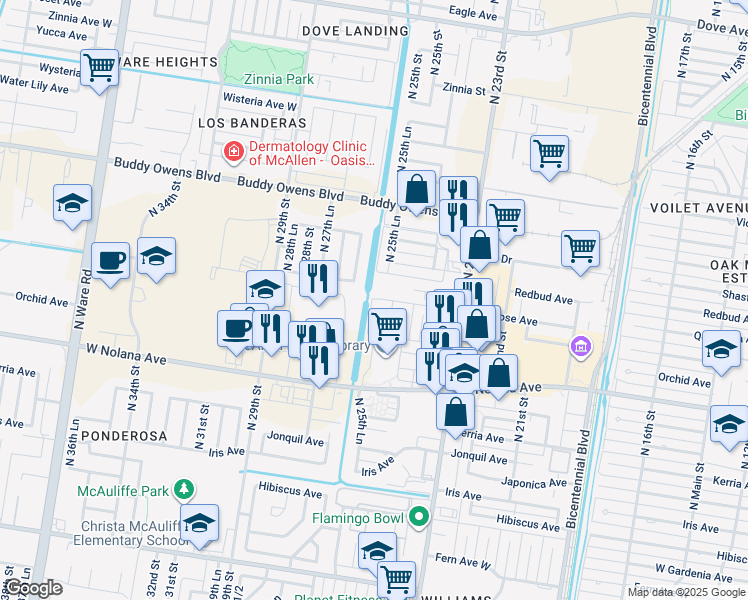 map of restaurants, bars, coffee shops, grocery stores, and more near 4113 North 25th Lane in McAllen