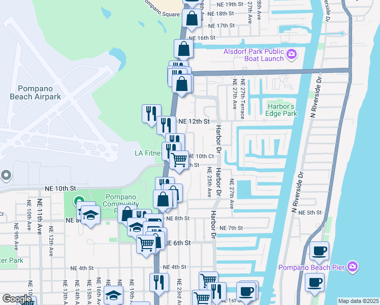map of restaurants, bars, coffee shops, grocery stores, and more near 1021 Northeast 24th Avenue in Pompano Beach