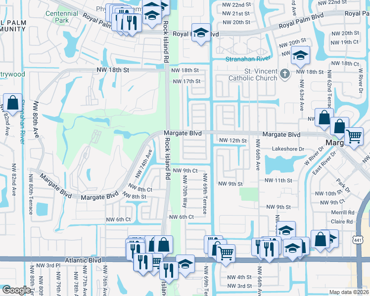 map of restaurants, bars, coffee shops, grocery stores, and more near 7000 Northwest 11th Court in Margate