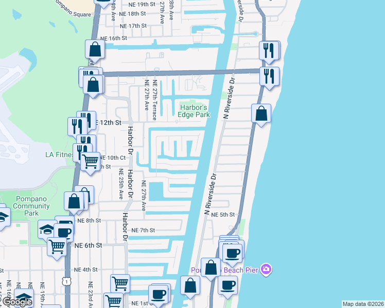 map of restaurants, bars, coffee shops, grocery stores, and more near 1031 Northeast 28th Terrace in Pompano Beach