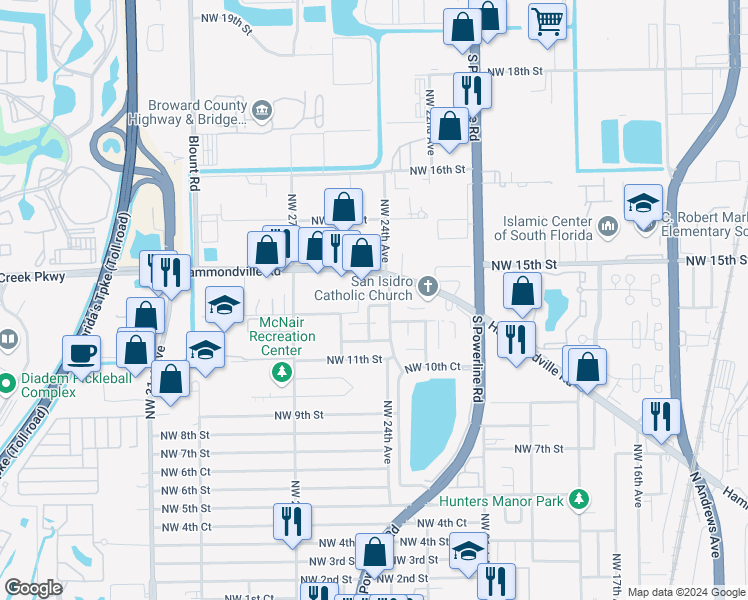 map of restaurants, bars, coffee shops, grocery stores, and more near 2451 Northwest 13th Street in Pompano Beach