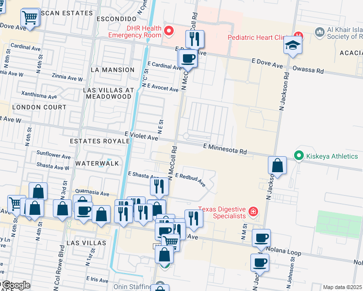 map of restaurants, bars, coffee shops, grocery stores, and more near 808 East Violet Avenue in McAllen