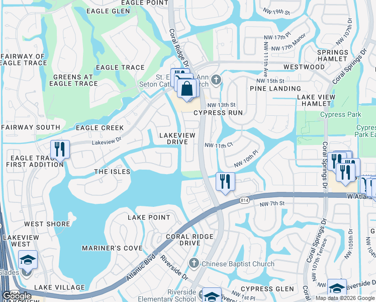 map of restaurants, bars, coffee shops, grocery stores, and more near 1047 Northwest 116th Avenue in Coral Springs