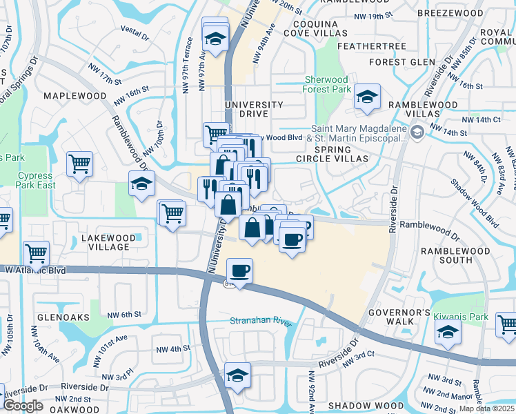 map of restaurants, bars, coffee shops, grocery stores, and more near 9217 Ramblewood Drive in Coral Springs