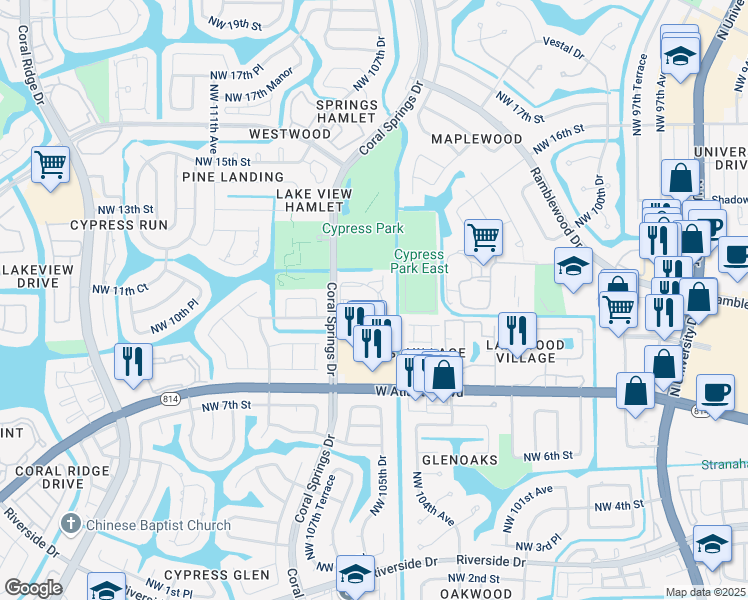 map of restaurants, bars, coffee shops, grocery stores, and more near 1054 Coral Club Drive in Coral Springs