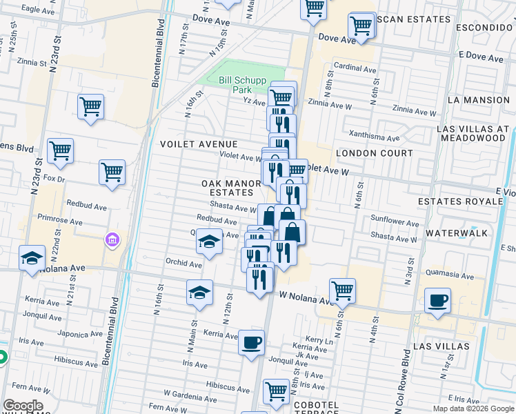 map of restaurants, bars, coffee shops, grocery stores, and more near 1101 Shasta Avenue in McAllen