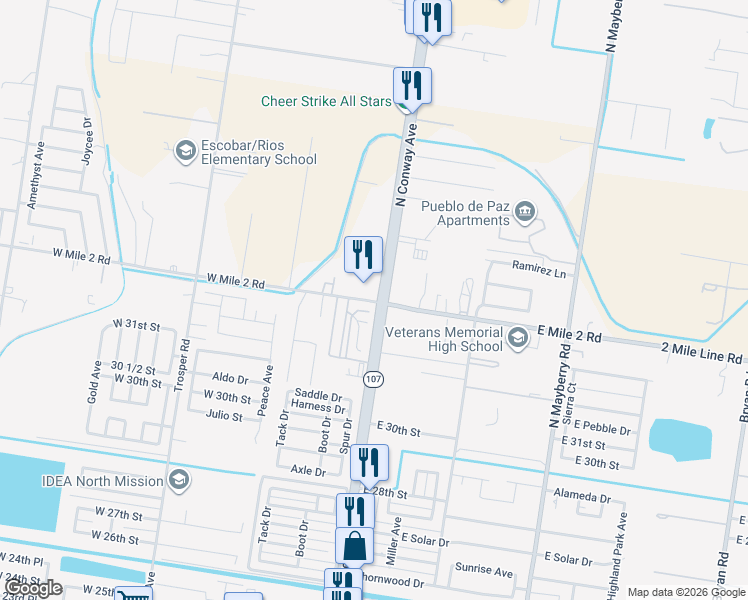 map of restaurants, bars, coffee shops, grocery stores, and more near 6610 West Mile 2 Road in Mission
