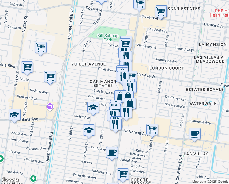 map of restaurants, bars, coffee shops, grocery stores, and more near 1101 Shasta Avenue in McAllen