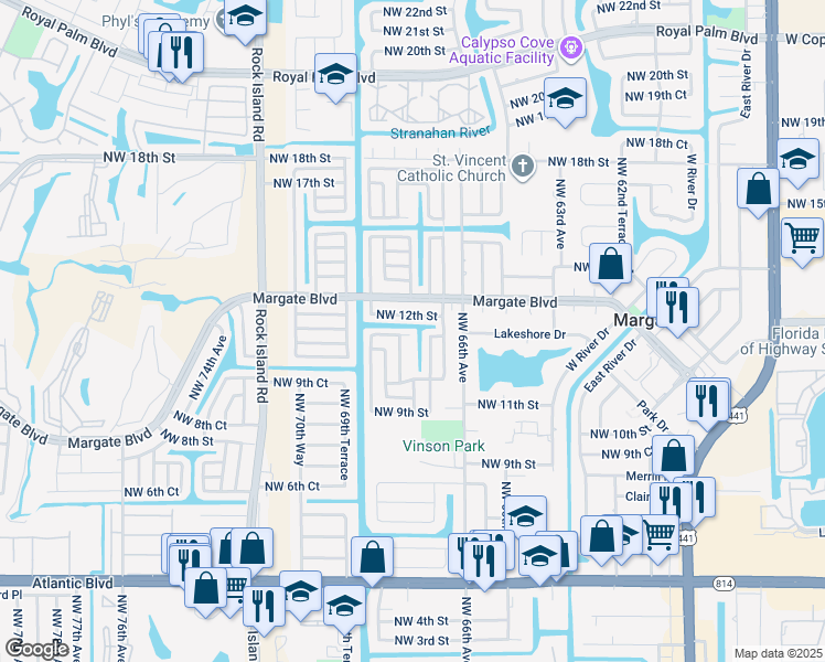 map of restaurants, bars, coffee shops, grocery stores, and more near 6750 Northwest 11th Court in Margate