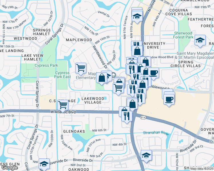 map of restaurants, bars, coffee shops, grocery stores, and more near 9850 Ramblewood Drive in Coral Springs