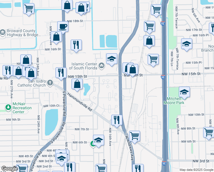 map of restaurants, bars, coffee shops, grocery stores, and more near 1050 Northwest 18th Drive in Pompano Beach